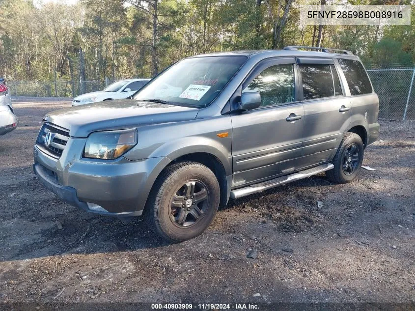 2008 Honda Pilot Ex-L VIN: 5FNYF28598B008916 Lot: 40903909