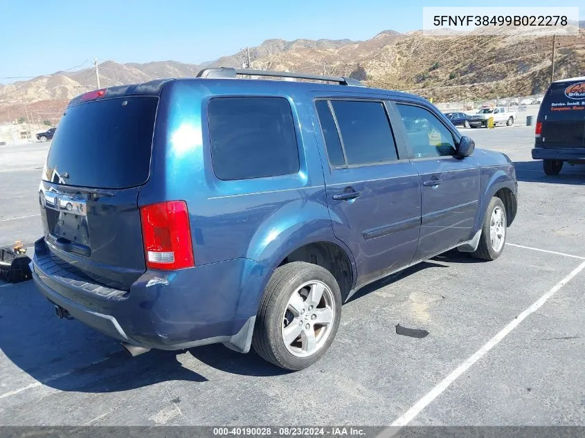 2009 Honda Pilot Ex VIN: 5FNYF38499B022278 Lot: 40190028