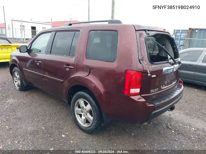 2009 Honda Pilot Ex-L VIN: 5FNYF38519B024910 Lot: 40409333