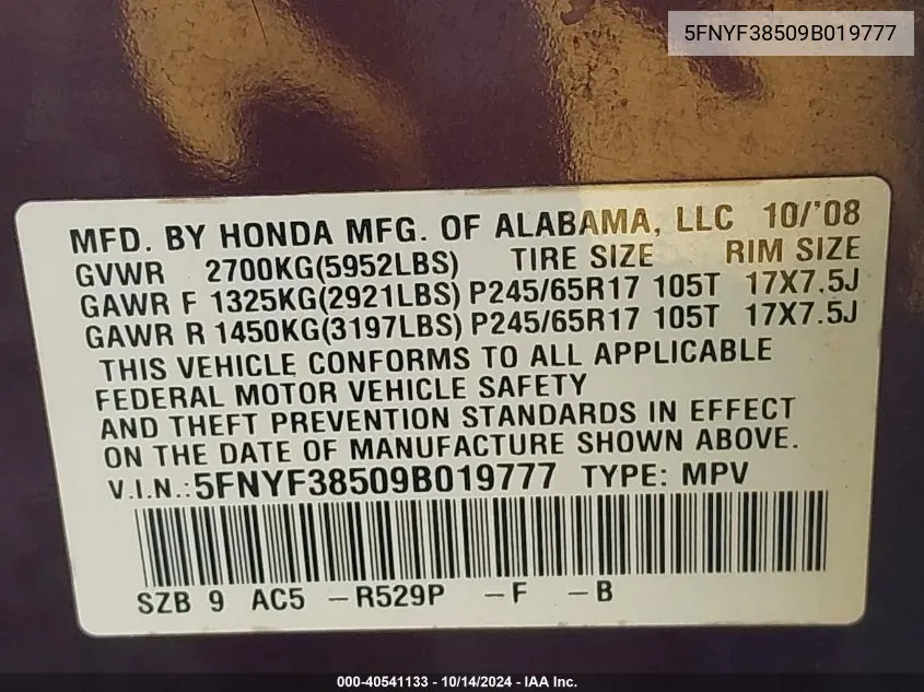 2009 Honda Pilot Ex-L VIN: 5FNYF38509B019777 Lot: 40541133