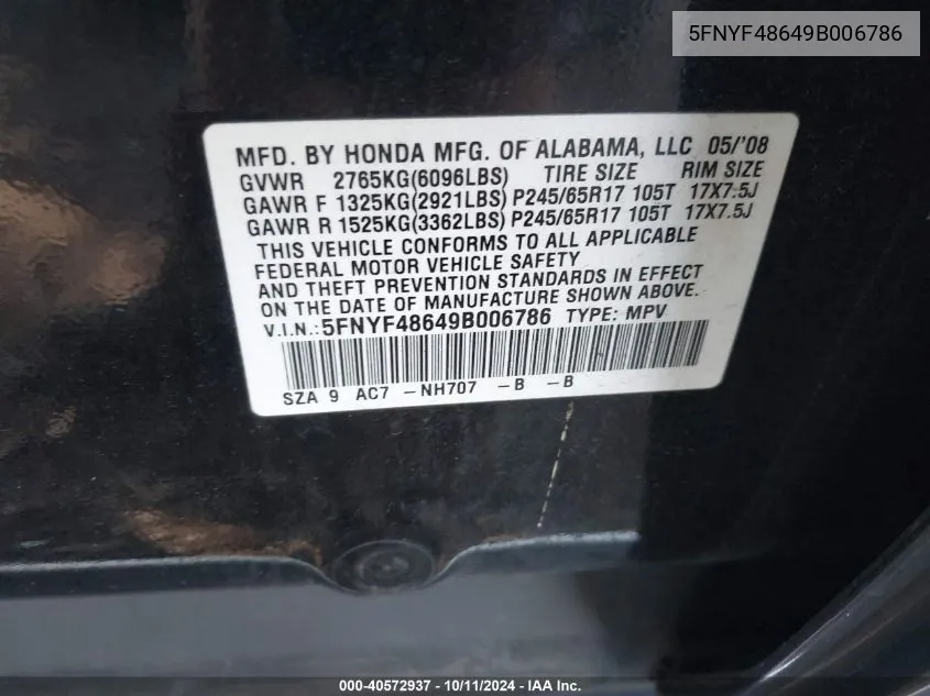 5FNYF48649B006786 2009 Honda Pilot Ex-L