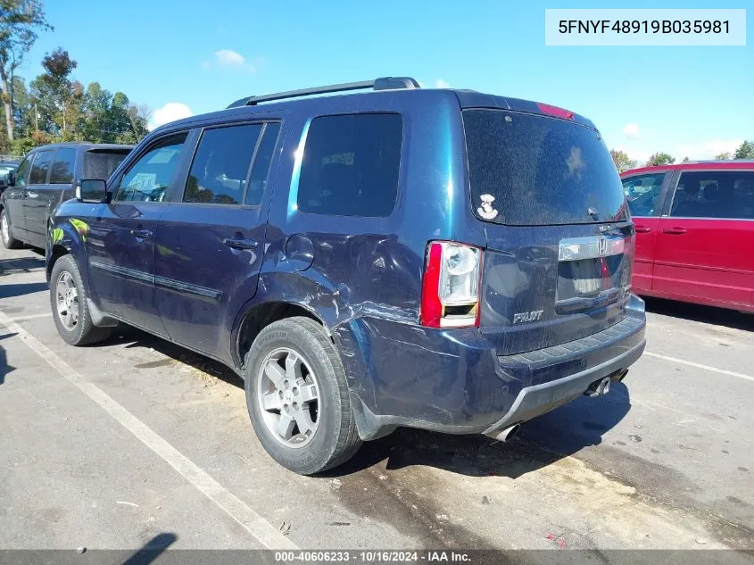 2009 Honda Pilot Touring VIN: 5FNYF48919B035981 Lot: 40606233