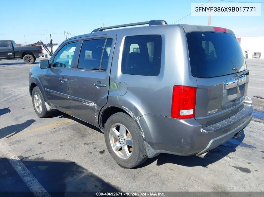 2009 Honda Pilot Ex-L VIN: 5FNYF386X9B017771 Lot: 40692671