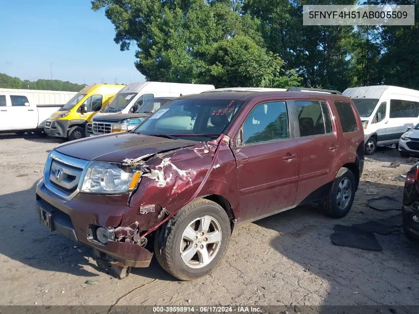 2010 Honda Pilot Ex-L VIN: 5FNYF4H51AB005509 Lot: 39598914