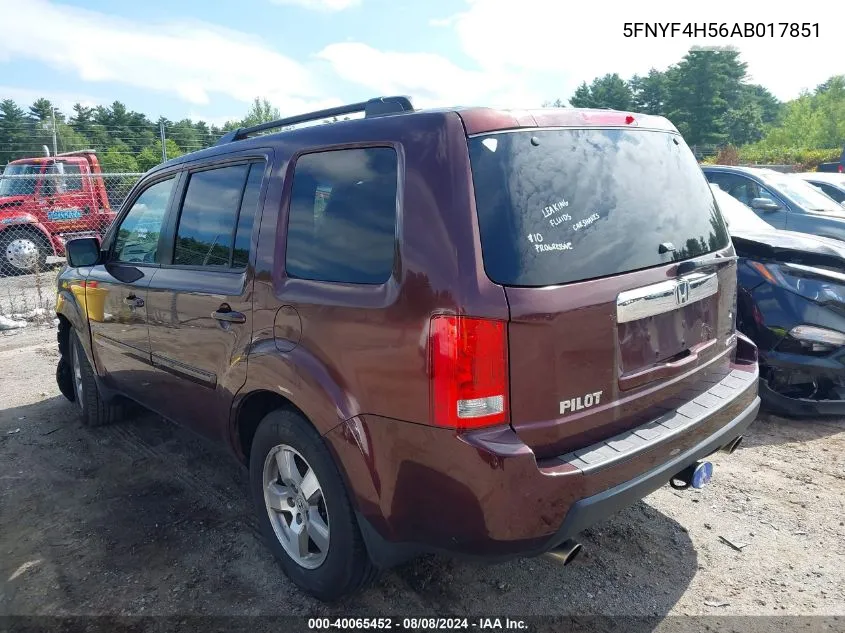 2010 Honda Pilot Ex-L VIN: 5FNYF4H56AB017851 Lot: 40065452