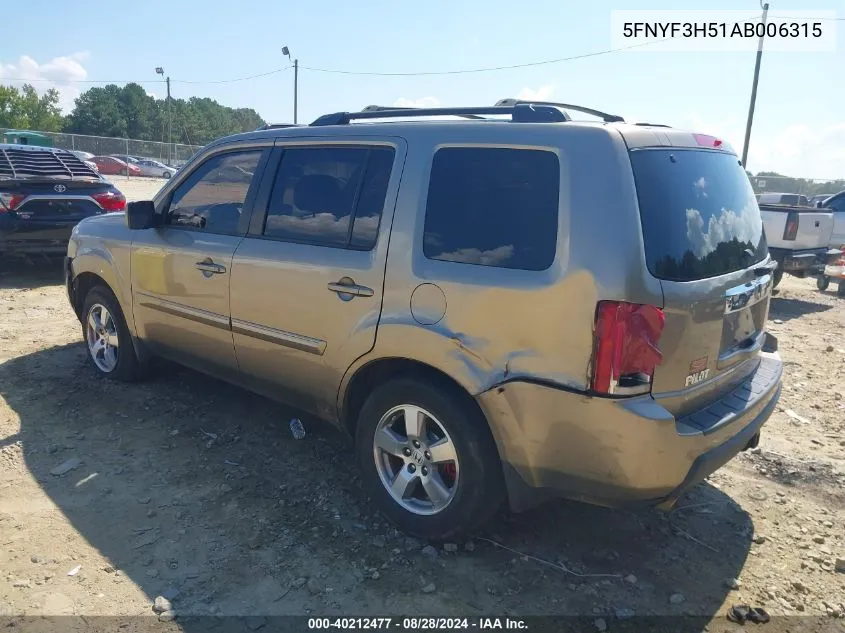 2010 Honda Pilot Ex-L VIN: 5FNYF3H51AB006315 Lot: 40212477