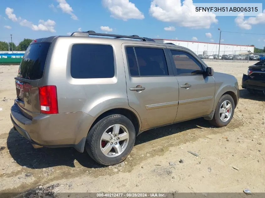 2010 Honda Pilot Ex-L VIN: 5FNYF3H51AB006315 Lot: 40212477