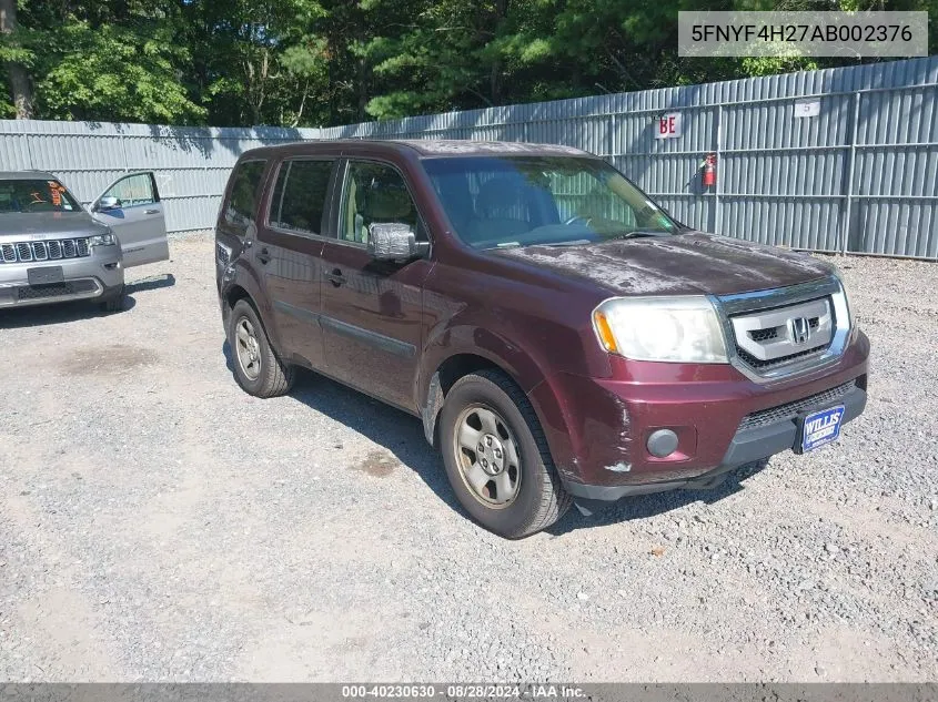 2010 Honda Pilot Lx VIN: 5FNYF4H27AB002376 Lot: 40230630