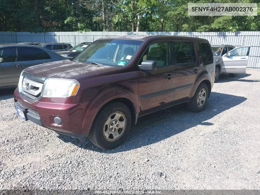 2010 Honda Pilot Lx VIN: 5FNYF4H27AB002376 Lot: 40230630