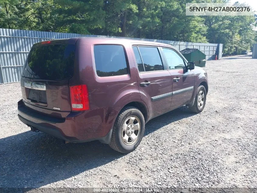 2010 Honda Pilot Lx VIN: 5FNYF4H27AB002376 Lot: 40230630