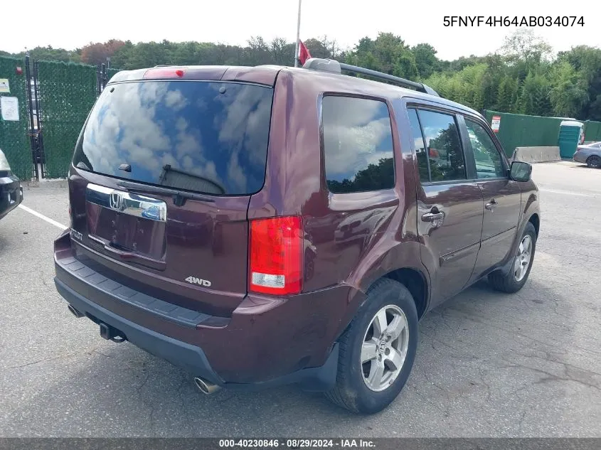 2010 Honda Pilot Ex-L VIN: 5FNYF4H64AB034074 Lot: 40230846