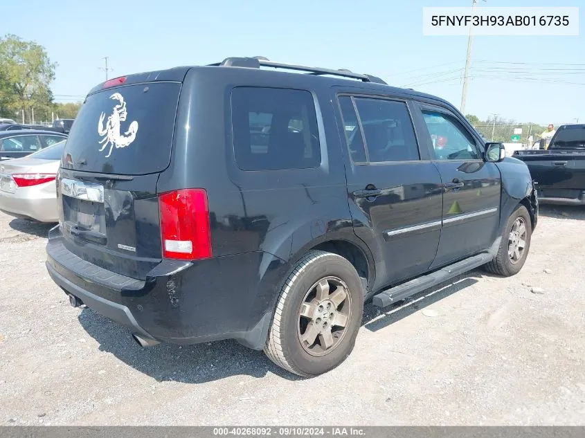 2010 Honda Pilot Touring VIN: 5FNYF3H93AB016735 Lot: 40268092