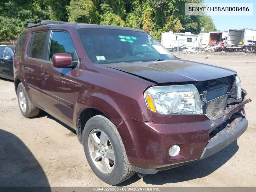 2010 Honda Pilot Ex-L VIN: 5FNYF4H58AB008486 Lot: 40275285