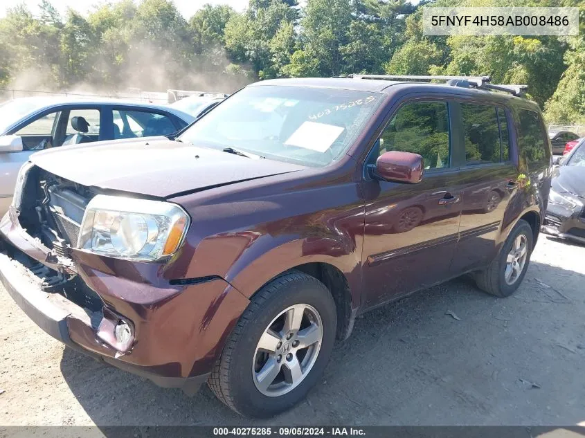 2010 Honda Pilot Ex-L VIN: 5FNYF4H58AB008486 Lot: 40275285