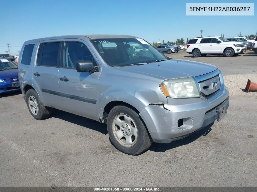 2010 Honda Pilot Lx VIN: 5FNYF4H22AB036287 Lot: 40281358