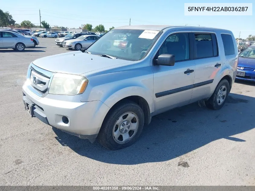 2010 Honda Pilot Lx VIN: 5FNYF4H22AB036287 Lot: 40281358