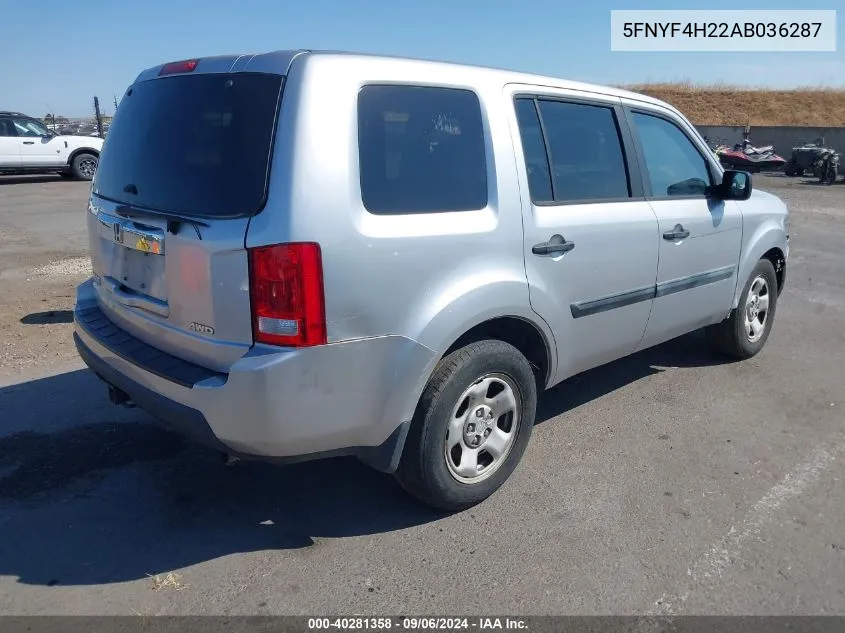 2010 Honda Pilot Lx VIN: 5FNYF4H22AB036287 Lot: 40281358