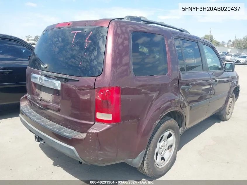 5FNYF3H20AB020437 2010 Honda Pilot Lx