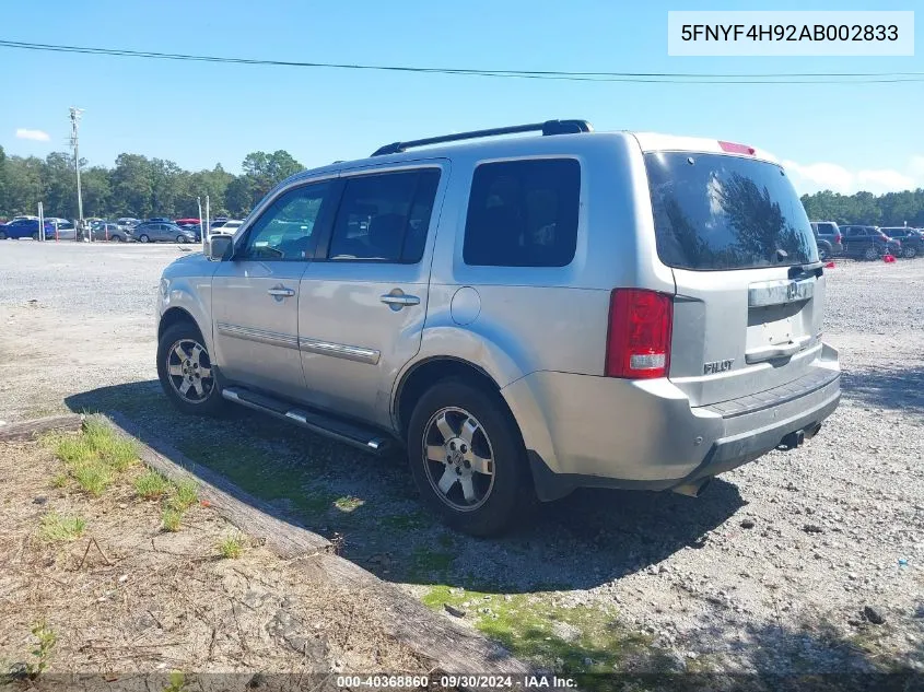 2010 Honda Pilot Touring VIN: 5FNYF4H92AB002833 Lot: 40368860