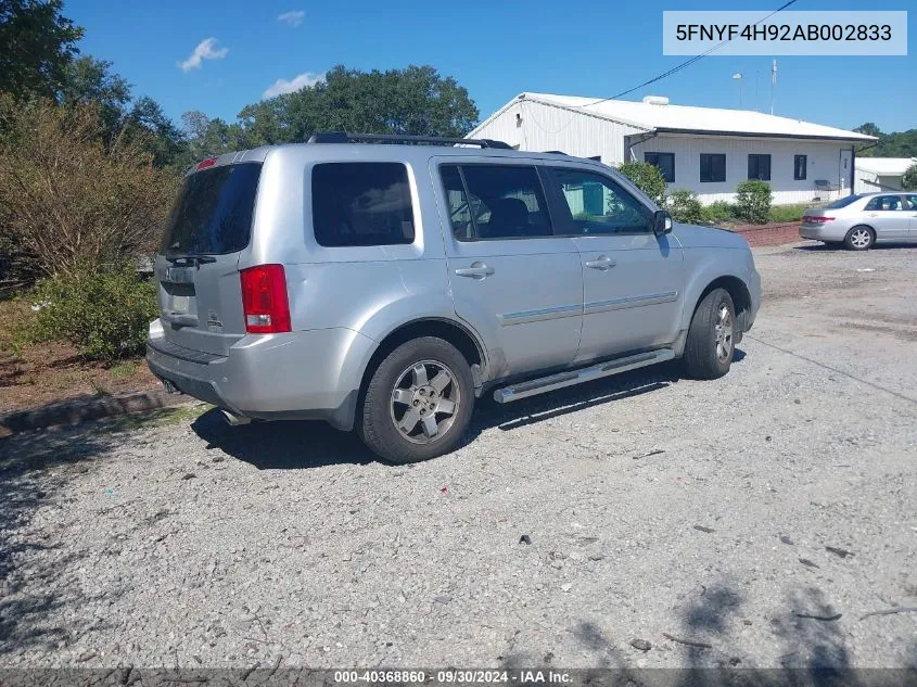 2010 Honda Pilot Touring VIN: 5FNYF4H92AB002833 Lot: 40368860