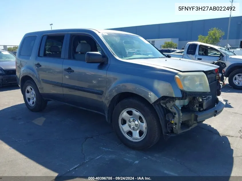 2010 Honda Pilot Lx VIN: 5FNYF3H27AB022492 Lot: 40396705