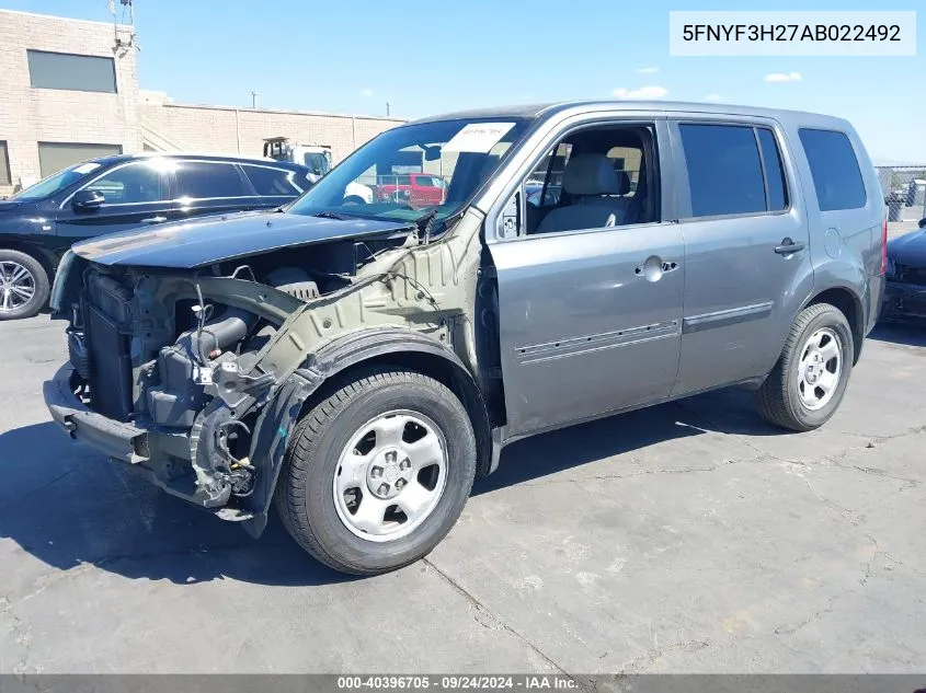 2010 Honda Pilot Lx VIN: 5FNYF3H27AB022492 Lot: 40396705