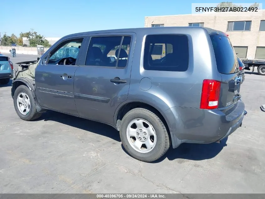 2010 Honda Pilot Lx VIN: 5FNYF3H27AB022492 Lot: 40396705