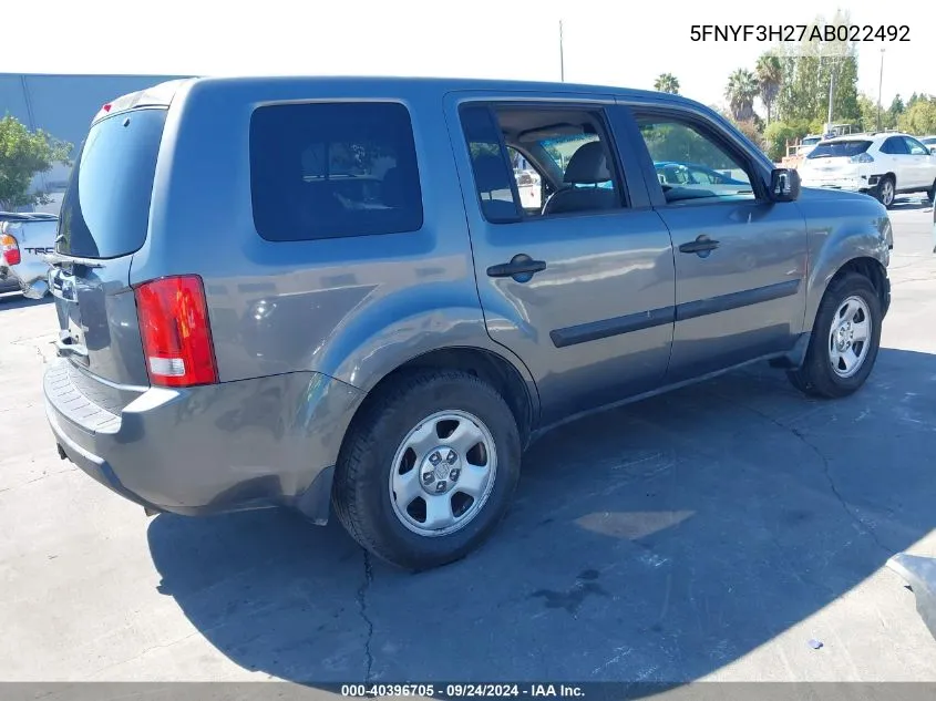 2010 Honda Pilot Lx VIN: 5FNYF3H27AB022492 Lot: 40396705