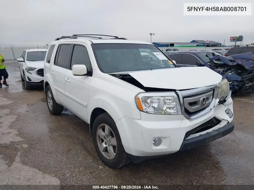 2010 Honda Pilot Ex-L VIN: 5FNYF4H58AB008701 Lot: 40427796