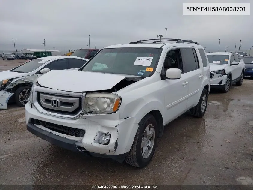 2010 Honda Pilot Ex-L VIN: 5FNYF4H58AB008701 Lot: 40427796