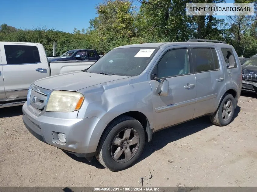 2010 Honda Pilot Ex-L VIN: 5FNYF4H50AB035648 Lot: 40503291