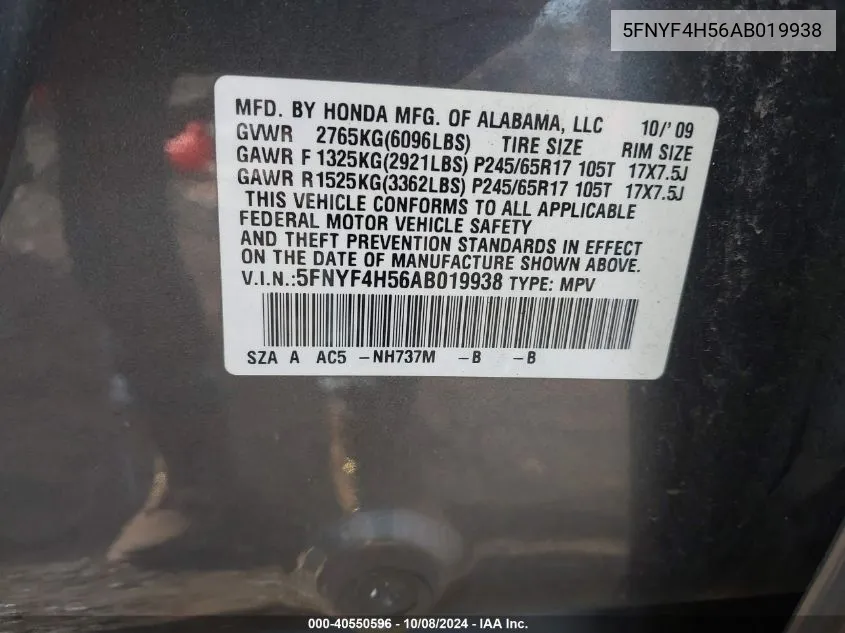 5FNYF4H56AB019938 2010 Honda Pilot Ex-L