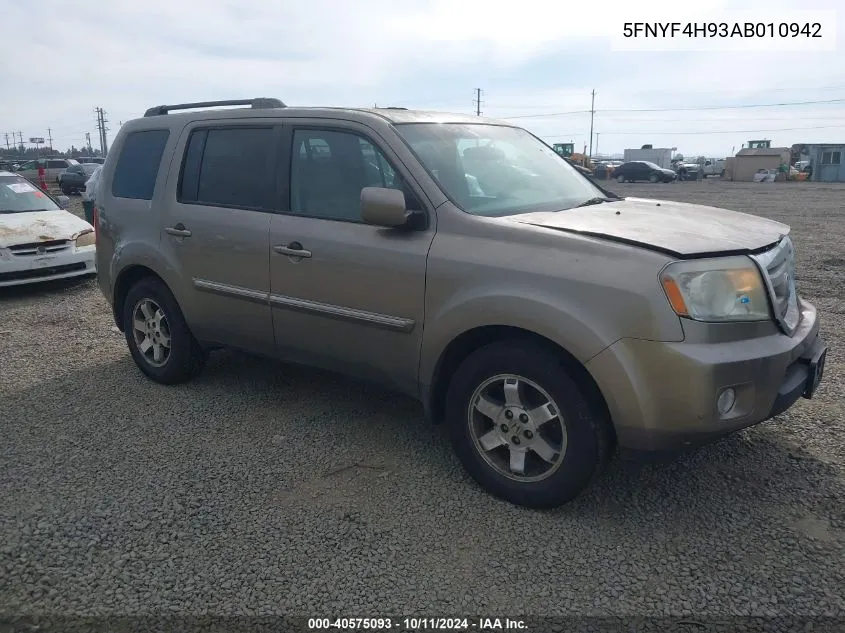 2010 Honda Pilot Touring VIN: 5FNYF4H93AB010942 Lot: 40575093