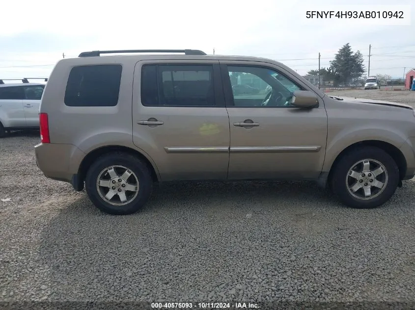 2010 Honda Pilot Touring VIN: 5FNYF4H93AB010942 Lot: 40575093