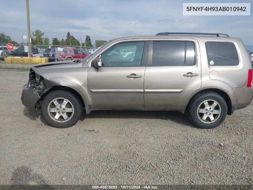 2010 Honda Pilot Touring VIN: 5FNYF4H93AB010942 Lot: 40575093