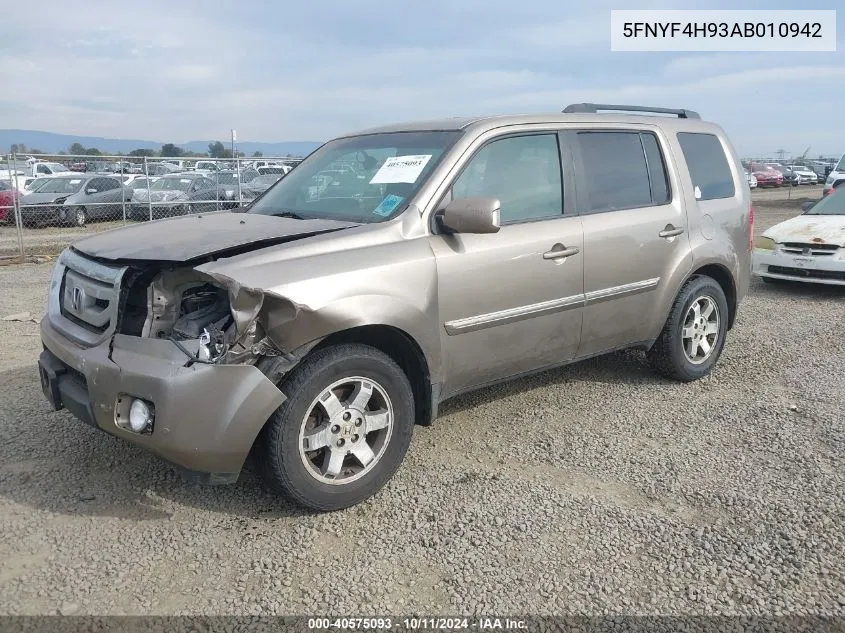 2010 Honda Pilot Touring VIN: 5FNYF4H93AB010942 Lot: 40575093