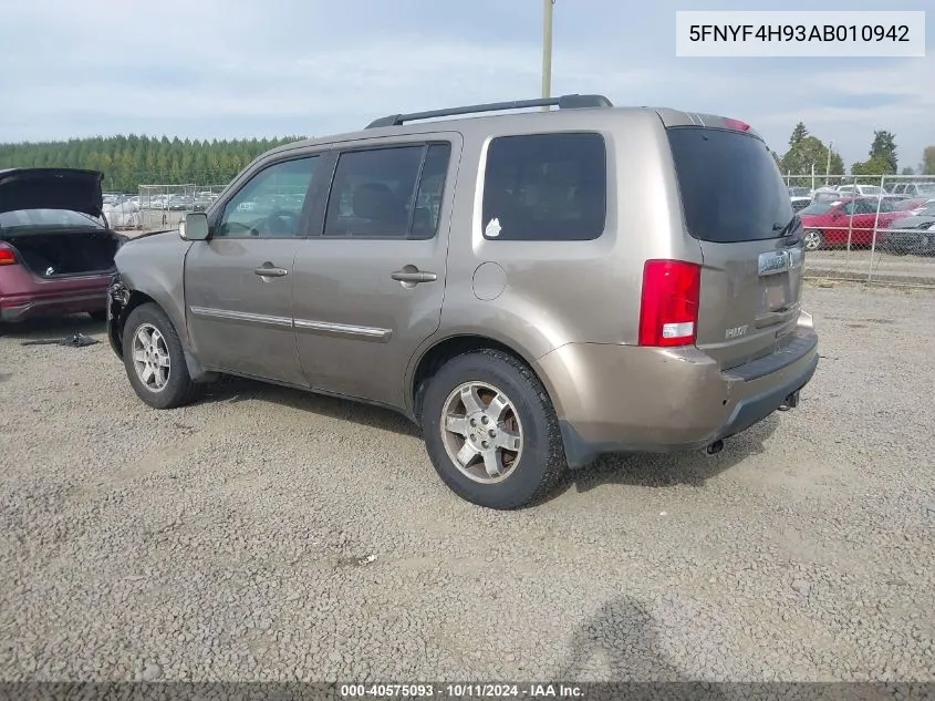 2010 Honda Pilot Touring VIN: 5FNYF4H93AB010942 Lot: 40575093