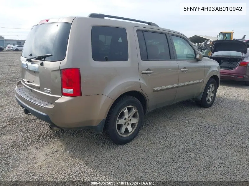 2010 Honda Pilot Touring VIN: 5FNYF4H93AB010942 Lot: 40575093