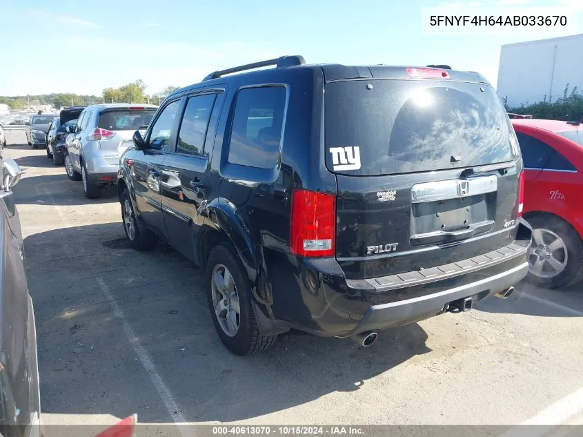 2010 Honda Pilot Ex-L VIN: 5FNYF4H64AB033670 Lot: 40613070