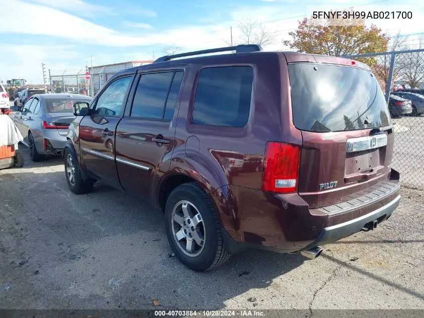 2010 Honda Pilot Touring VIN: 5FNYF3H99AB021700 Lot: 40703884