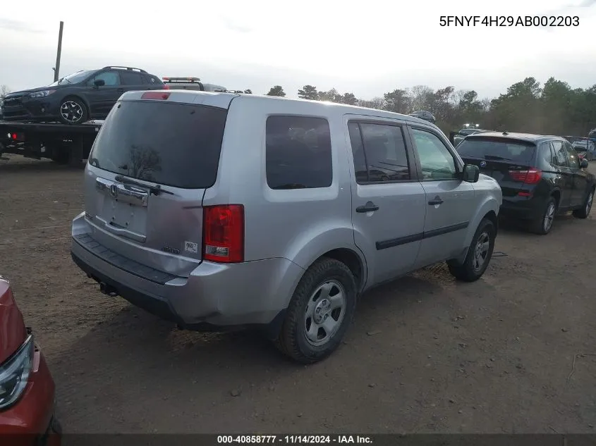 2010 Honda Pilot Lx VIN: 5FNYF4H29AB002203 Lot: 40858777