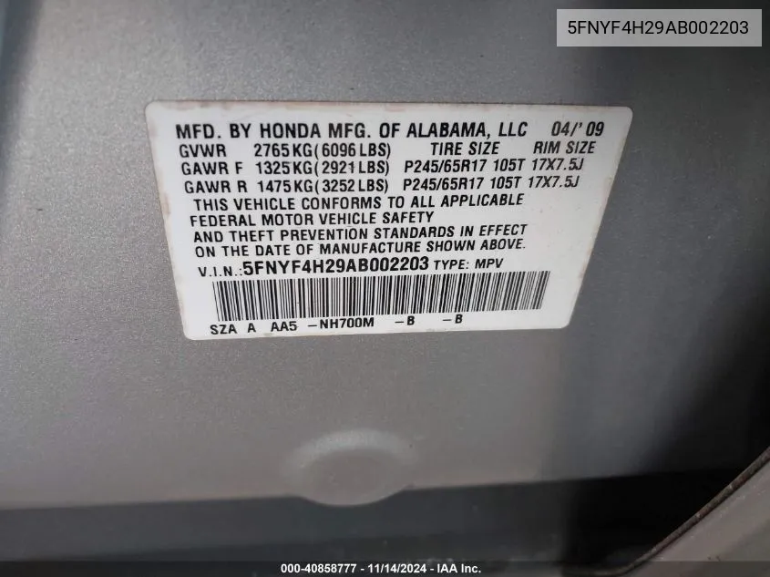 2010 Honda Pilot Lx VIN: 5FNYF4H29AB002203 Lot: 40858777