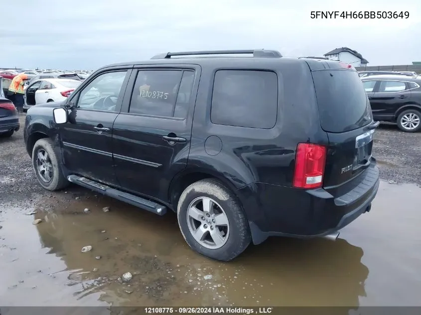 2011 Honda Pilot VIN: 5FNYF4H66BB503649 Lot: 12108775