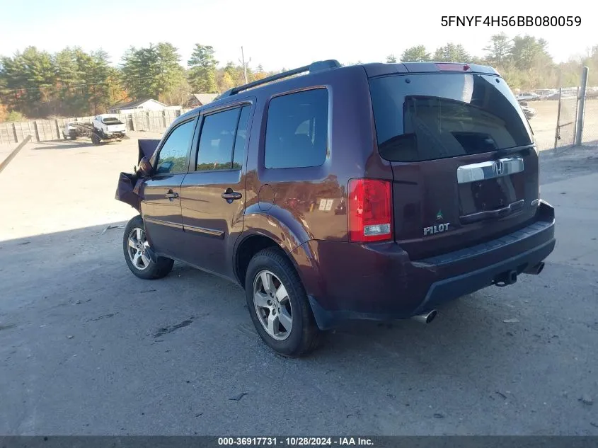 2011 Honda Pilot Ex-L VIN: 5FNYF4H56BB080059 Lot: 36917731