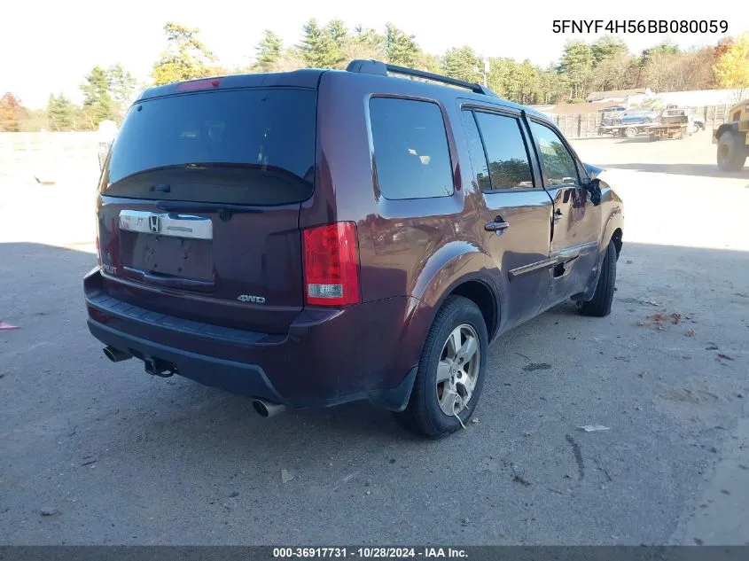 2011 Honda Pilot Ex-L VIN: 5FNYF4H56BB080059 Lot: 36917731