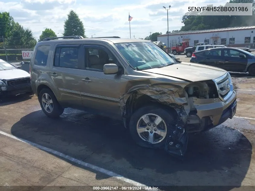 2011 Honda Pilot Ex-L VIN: 5FNYF4H52BB001986 Lot: 39662147