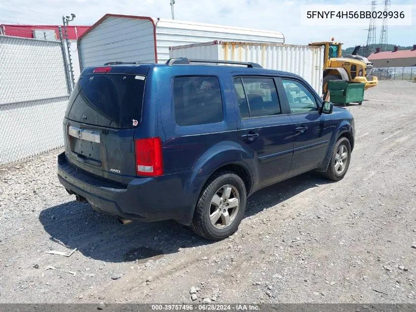 2011 Honda Pilot Ex-L VIN: 5FNYF4H56BB029936 Lot: 39757496