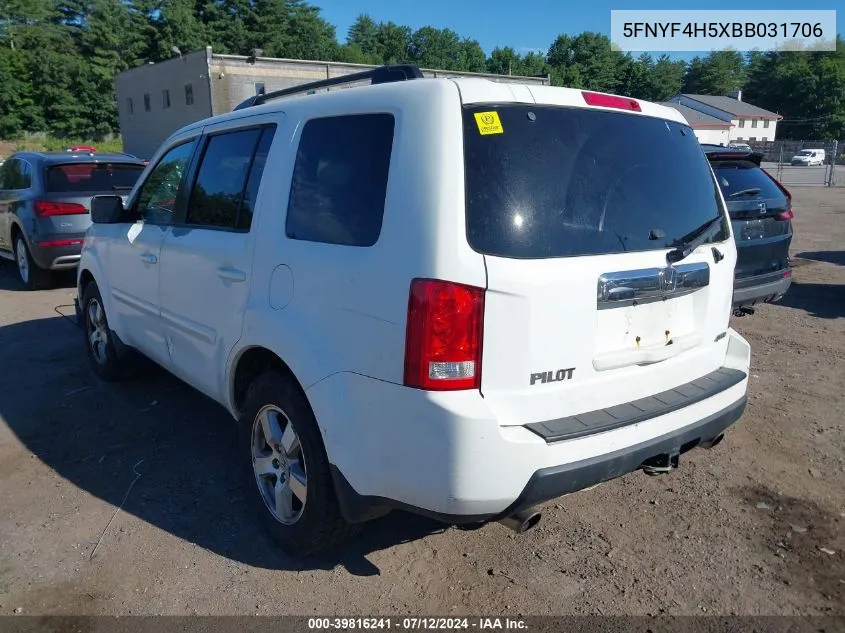 2011 Honda Pilot Ex-L VIN: 5FNYF4H5XBB031706 Lot: 39816241