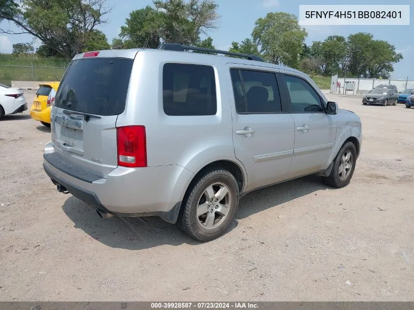 2011 Honda Pilot Ex-L VIN: 5FNYF4H51BB082401 Lot: 39928587