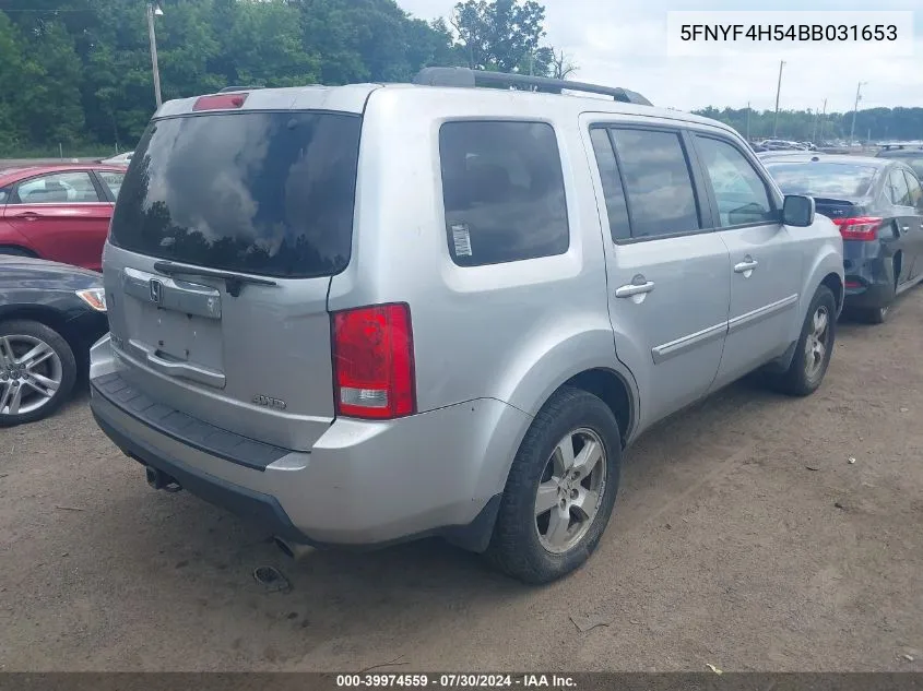 2011 Honda Pilot Ex-L VIN: 5FNYF4H54BB031653 Lot: 39974559